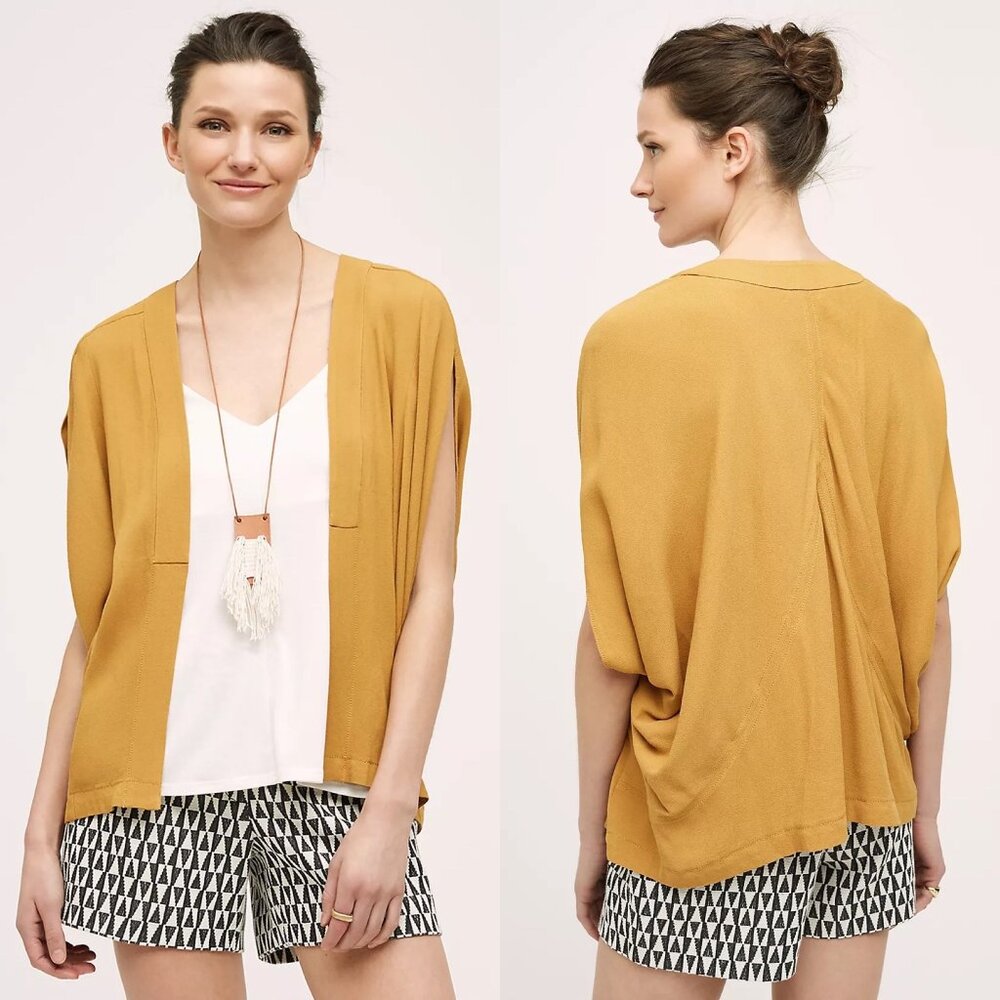 ANTHROPOLOGIE Elevenses Limn Open Front Crepe Cocoon Jacket Gold M/L